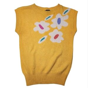 Vintage 80s Knit Floral Yellow Cottage Core Granny Sweater Vest Sleeveless‎ S